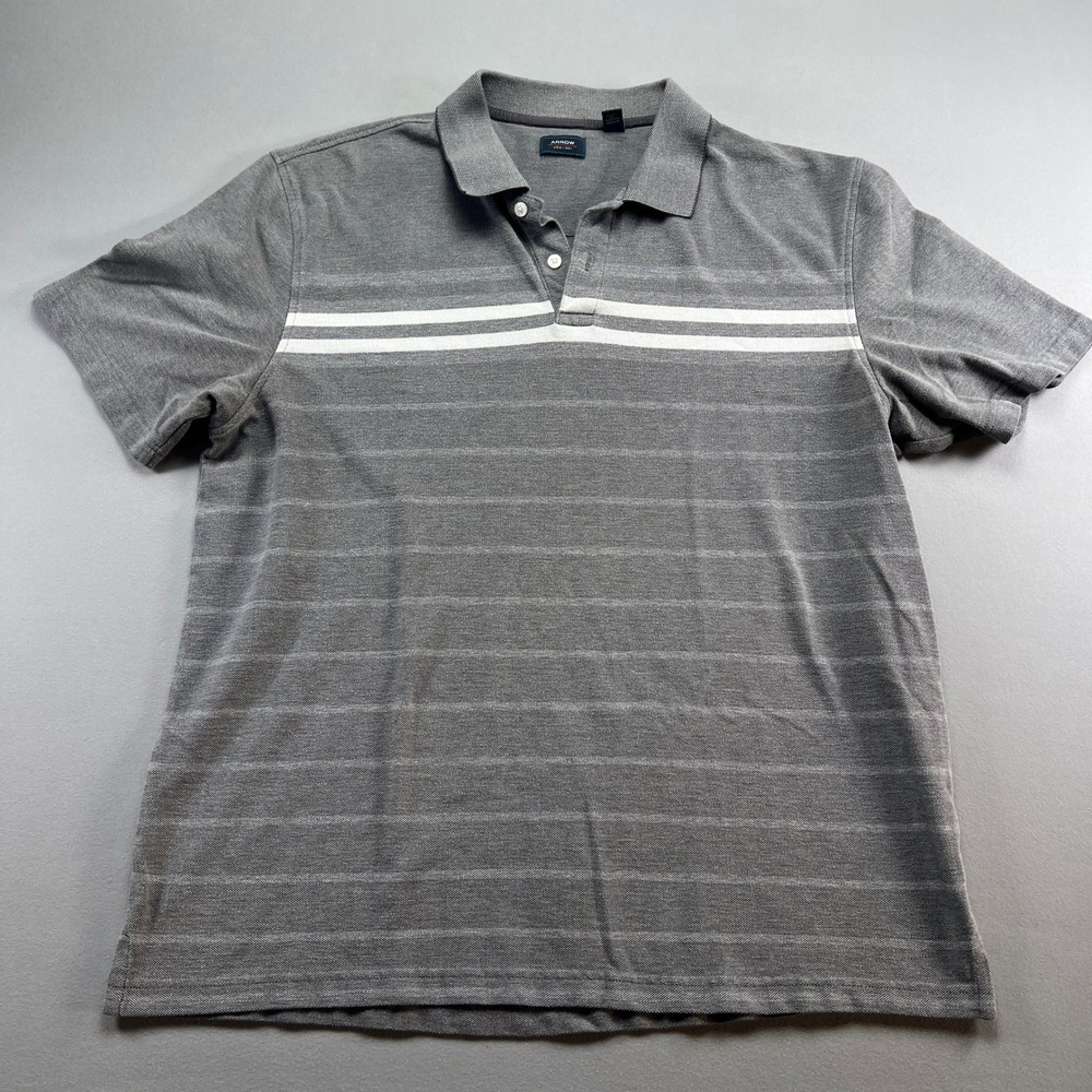 Arrow 1851 Polo Shirt Mens XL Gray White Striped Golf Performance Tennis Tail